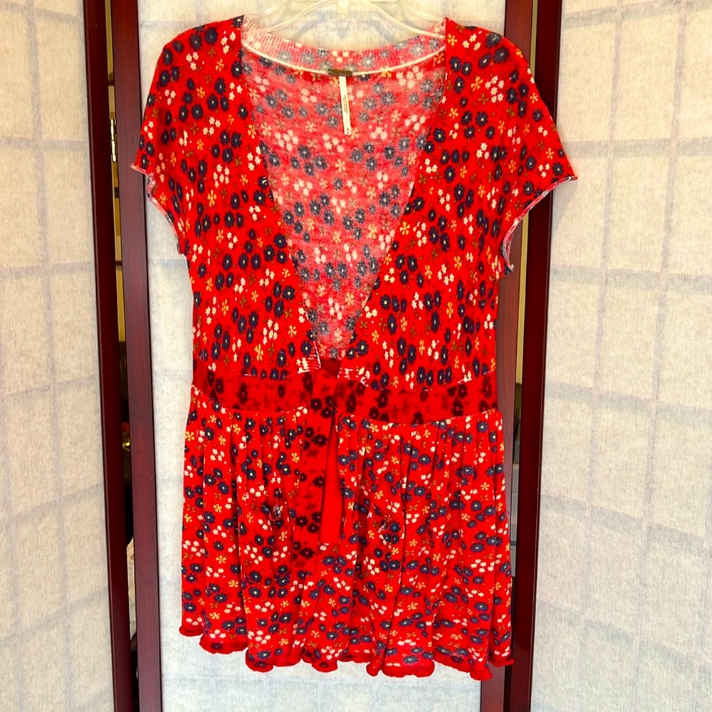 Free People Red Floral Medium Tie-Up Top